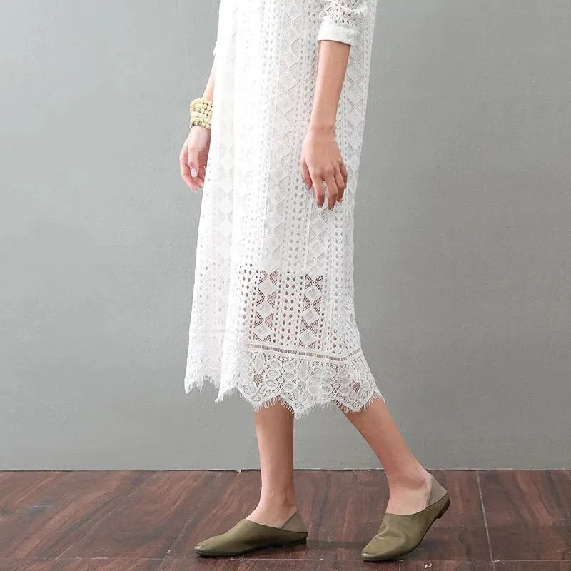 Lace Loose Style Cotton Linen Dresses Women Long  Dresses Short Sleeve