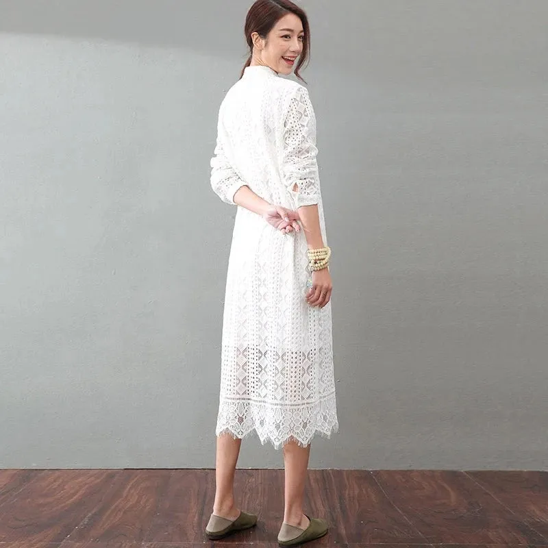 Lace Loose Style Cotton Linen Dresses Women Long  Dresses Short Sleeve