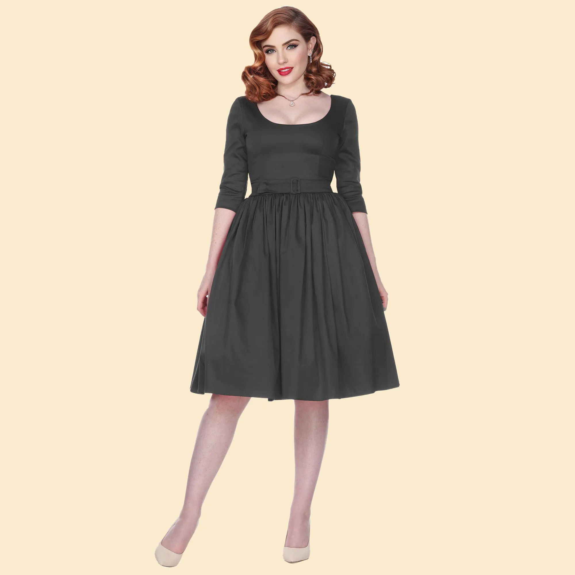 Liz 3/4 Sleeve Swing Dress in Black