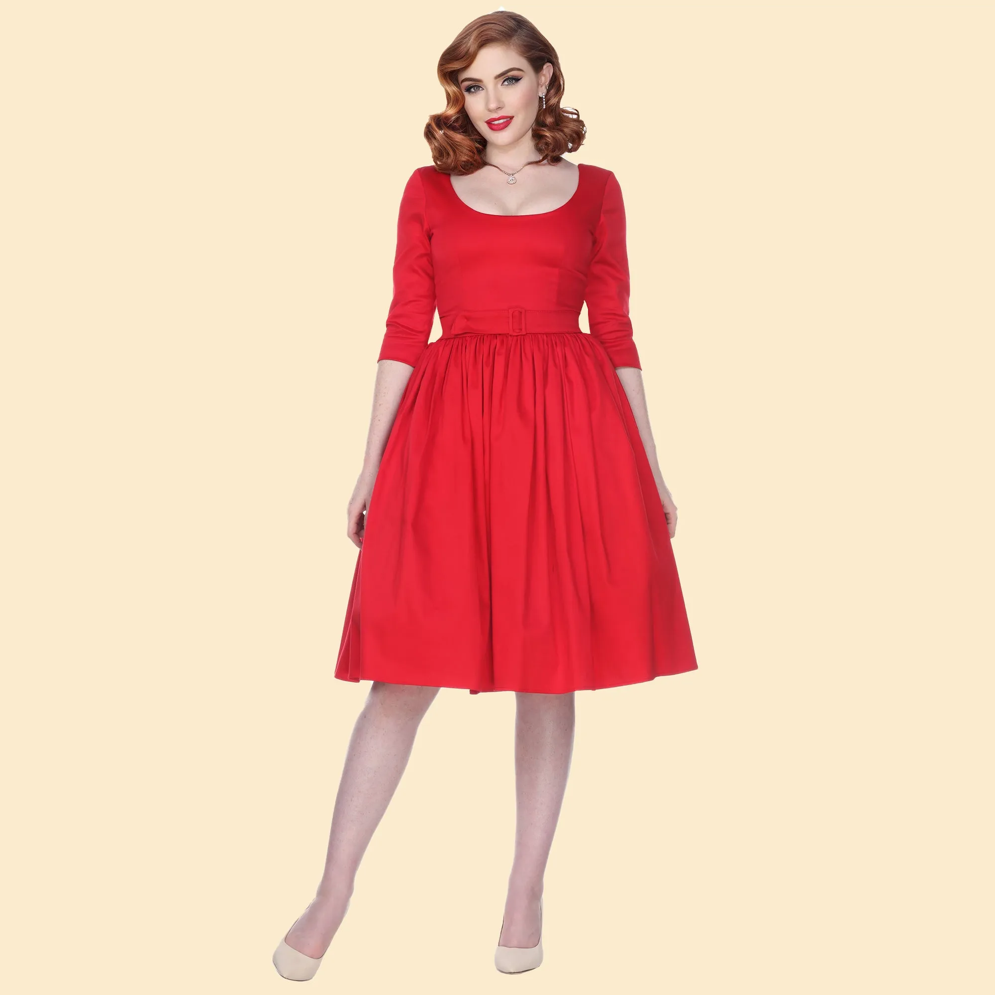 Liz 3/4 Sleeve Swing Dress in Red