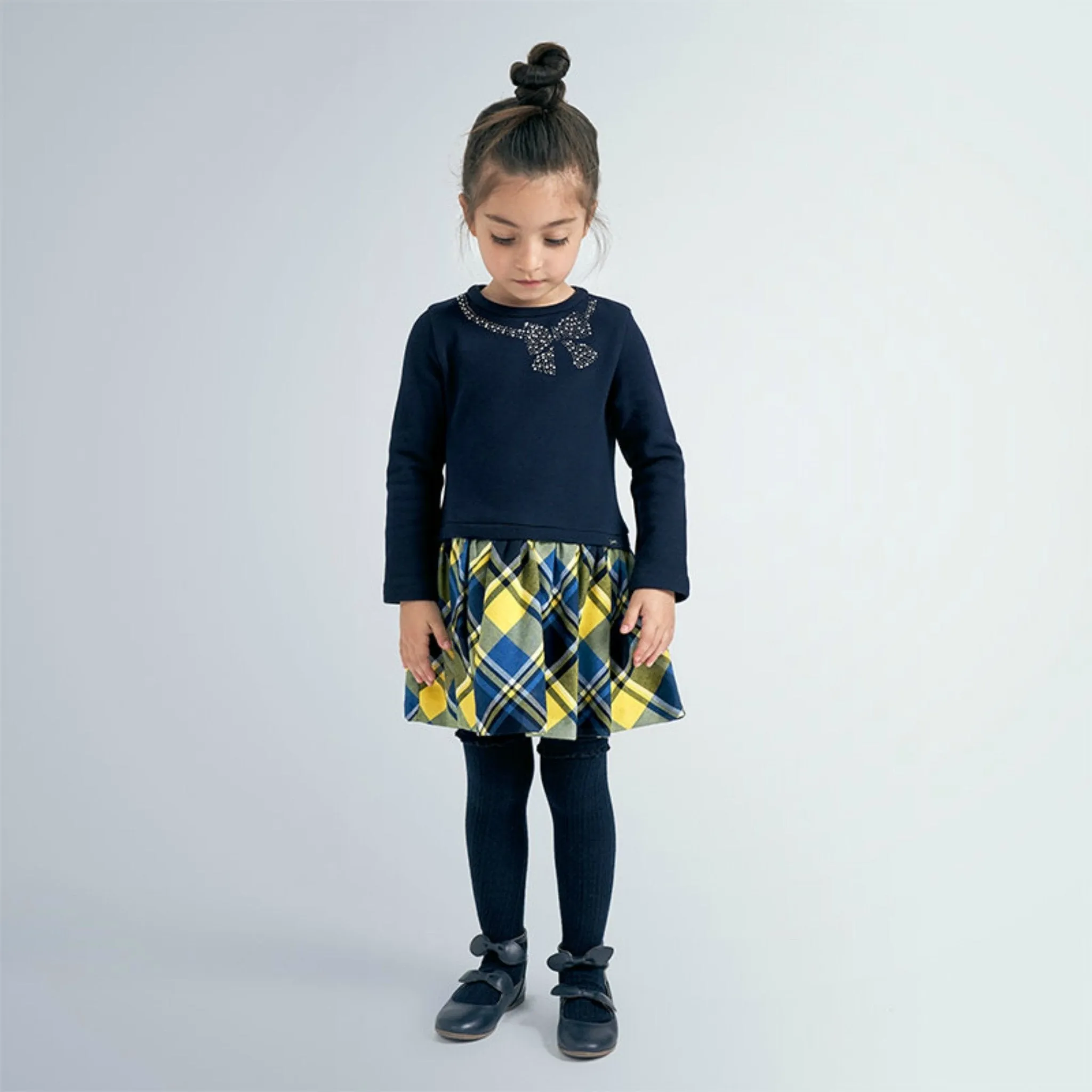 Mayoral Girls Navy & Yellow Check Dress