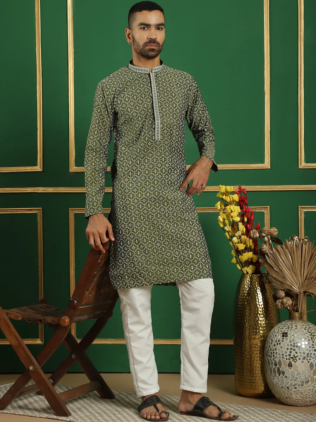 Men'S Geometric Printed Kurta With Pyjama