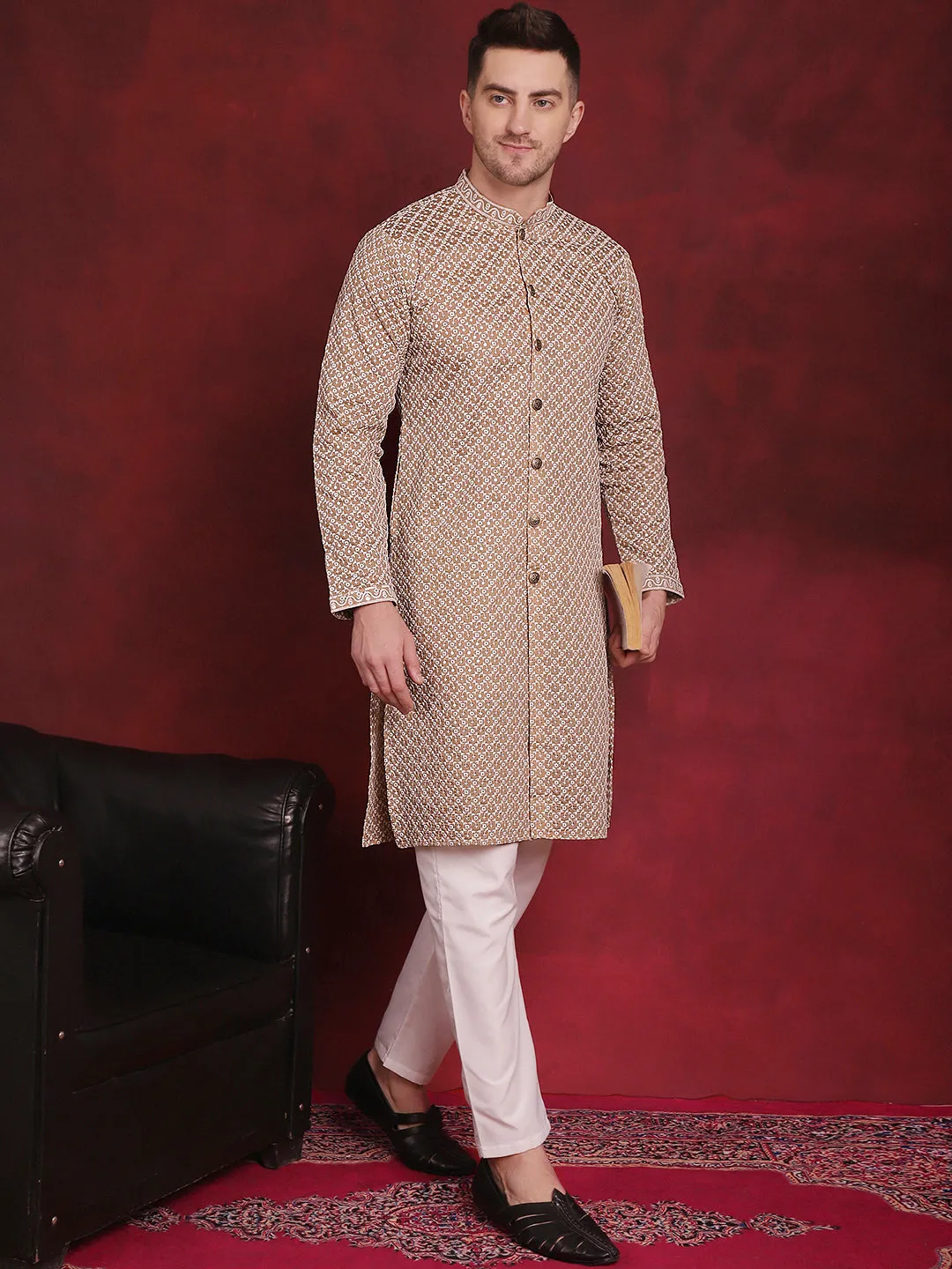 Men'S Sequin Chikankari Front Open Kurta With Pyjamas