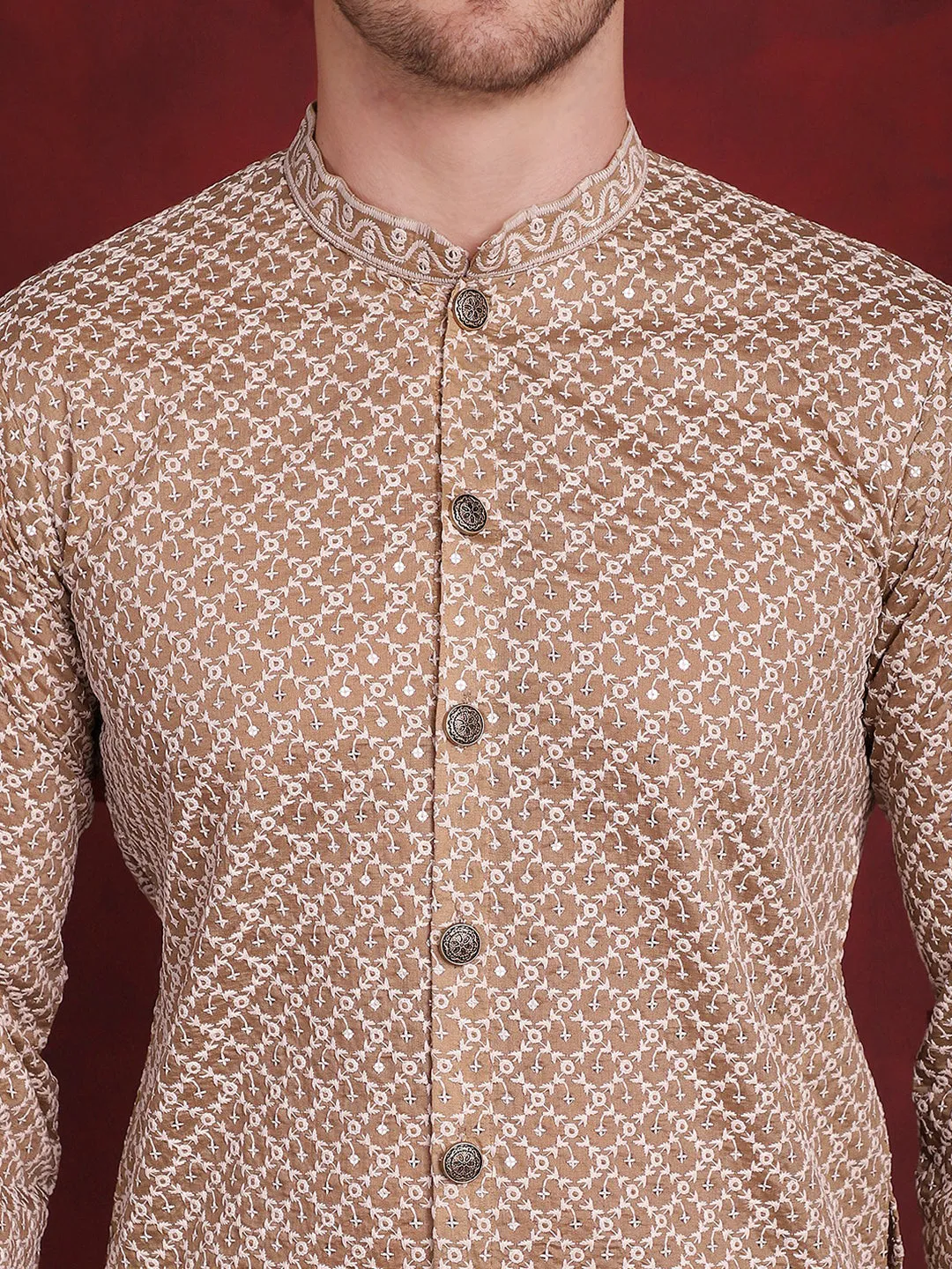 Men'S Sequin Chikankari Front Open Kurta With Pyjamas