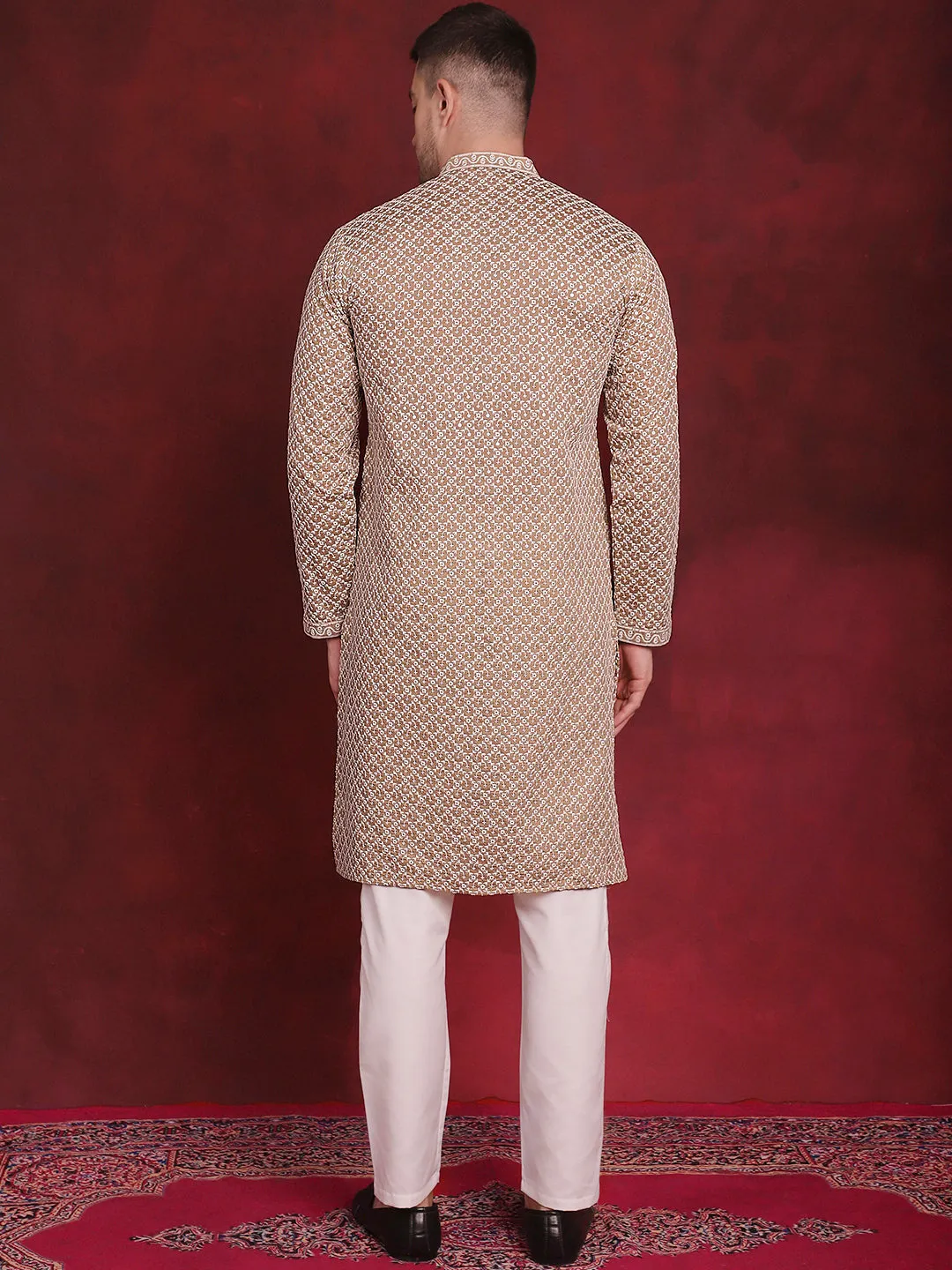 Men'S Sequin Chikankari Front Open Kurta With Pyjamas