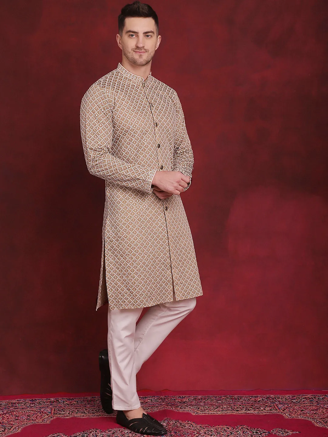 Men'S Sequin Chikankari Front Open Kurta With Pyjamas