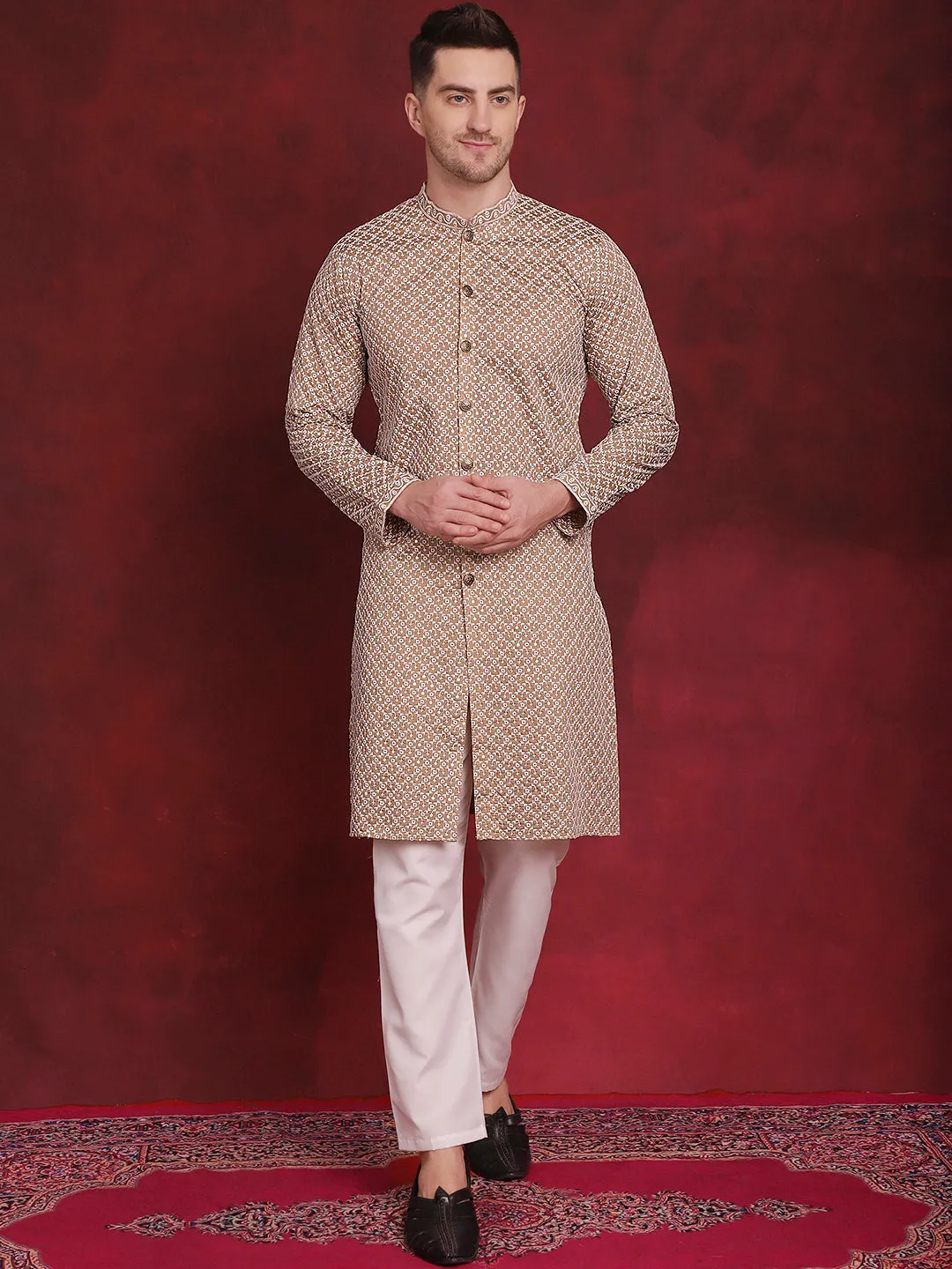 Men'S Sequin Chikankari Front Open Kurta With Pyjamas