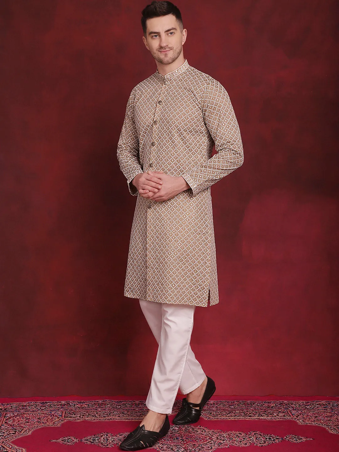 Men'S Sequin Chikankari Front Open Kurta With Pyjamas