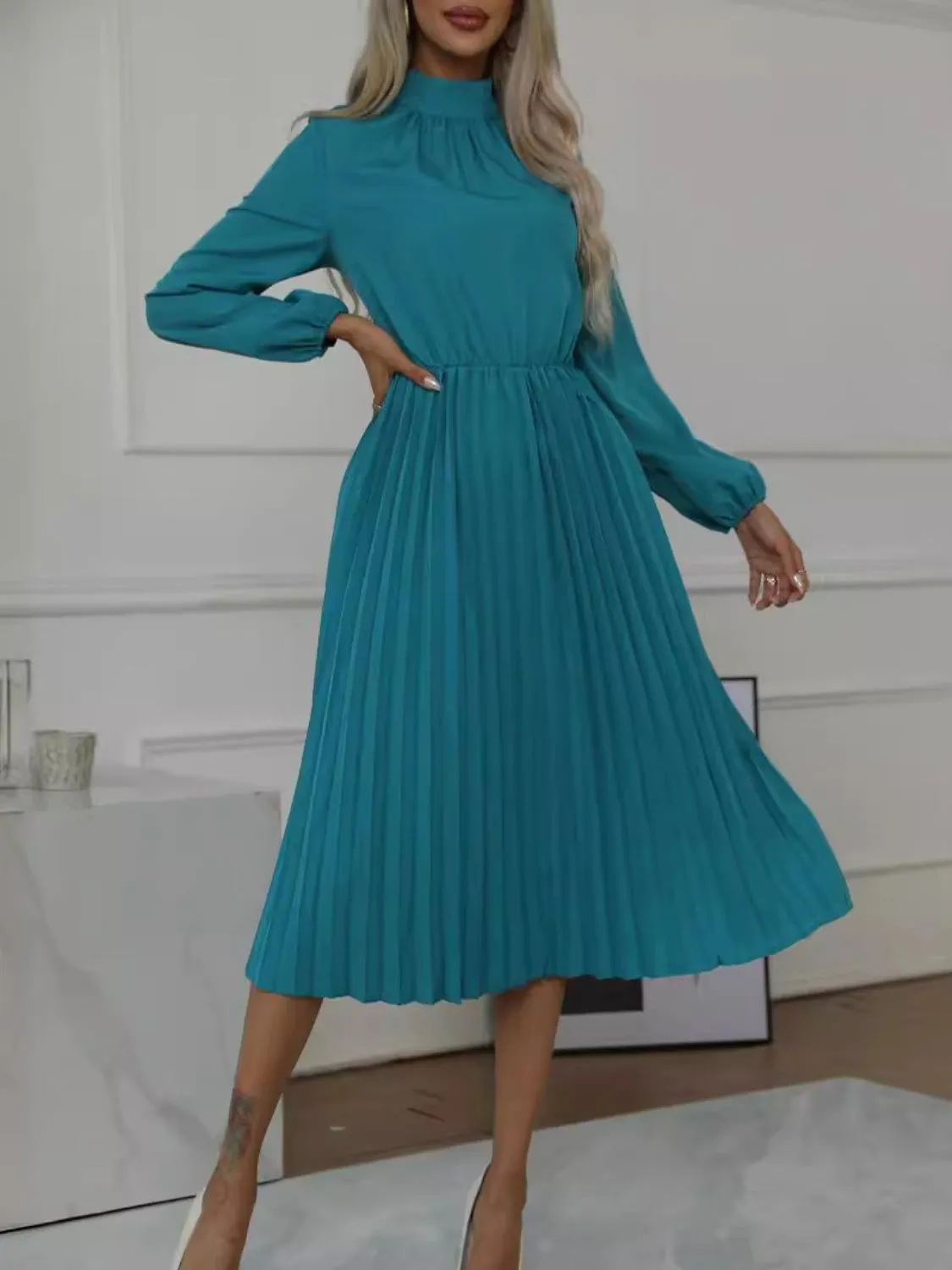 Mock Neck Long Sleeve Pleated Dress