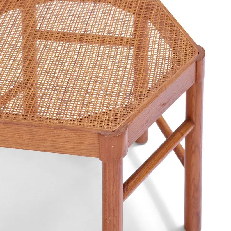 Pair of oak hexagon tables with caned tops, made by the Grand Rapids Bookcase and Chair Company