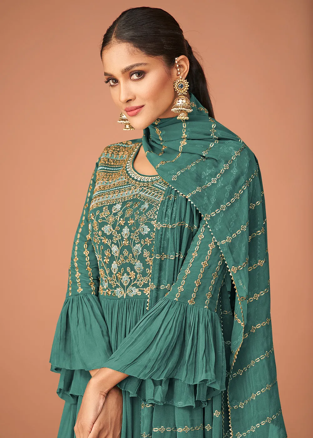 Pakistani Style Designer Teal Blue Peplum Sharara Suit