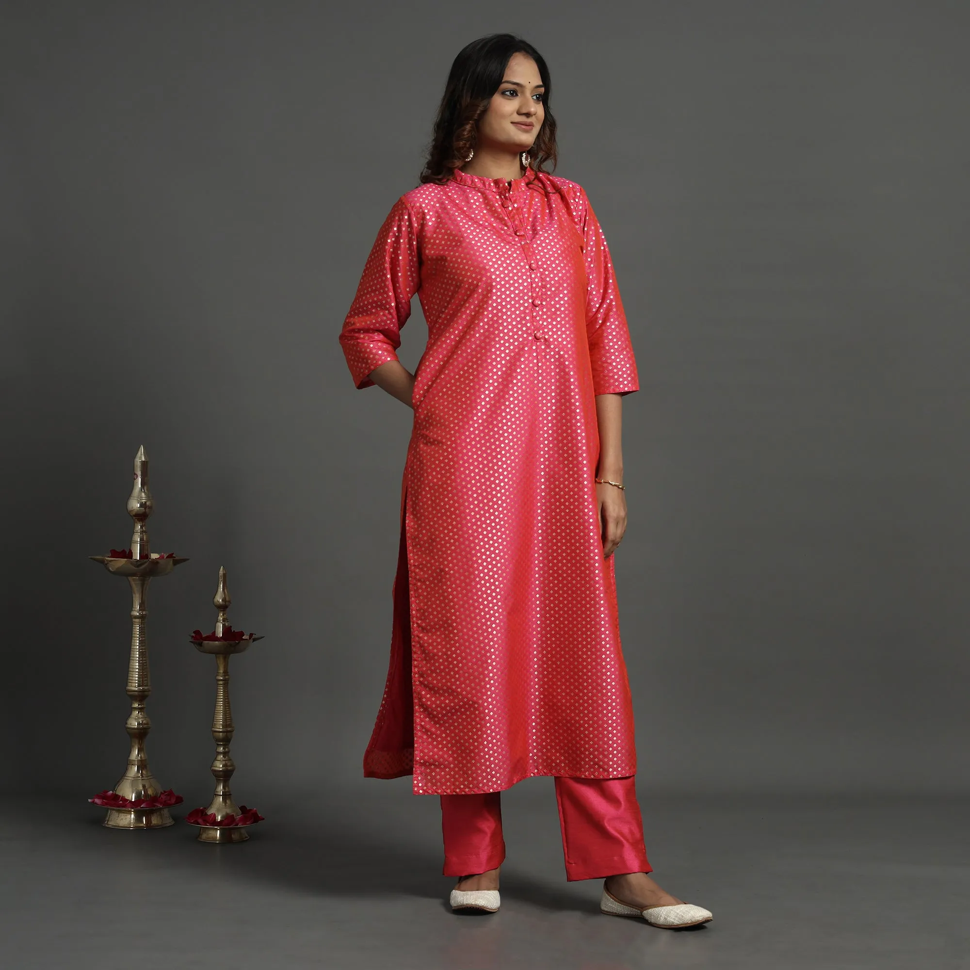 Pink - Elegant Banarasi Brocade Silk Kurta with Pant Set