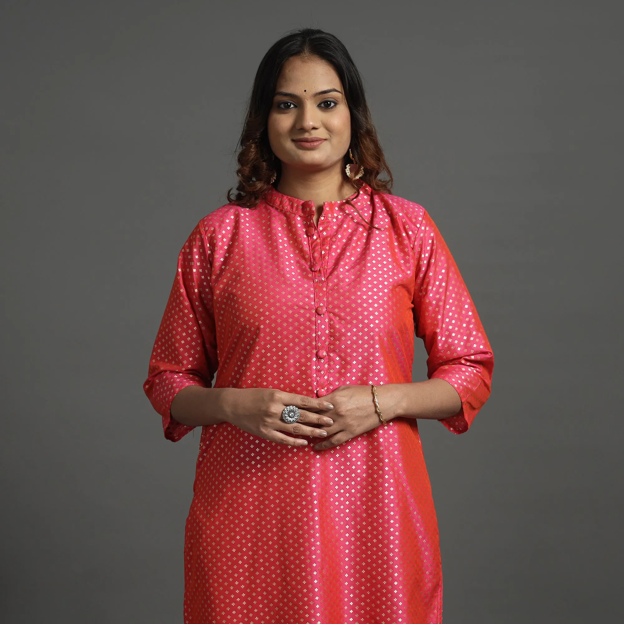 Pink - Elegant Banarasi Brocade Silk Kurta with Pant Set