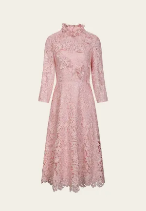 Pink Embellished Floral Lace Evening Dress