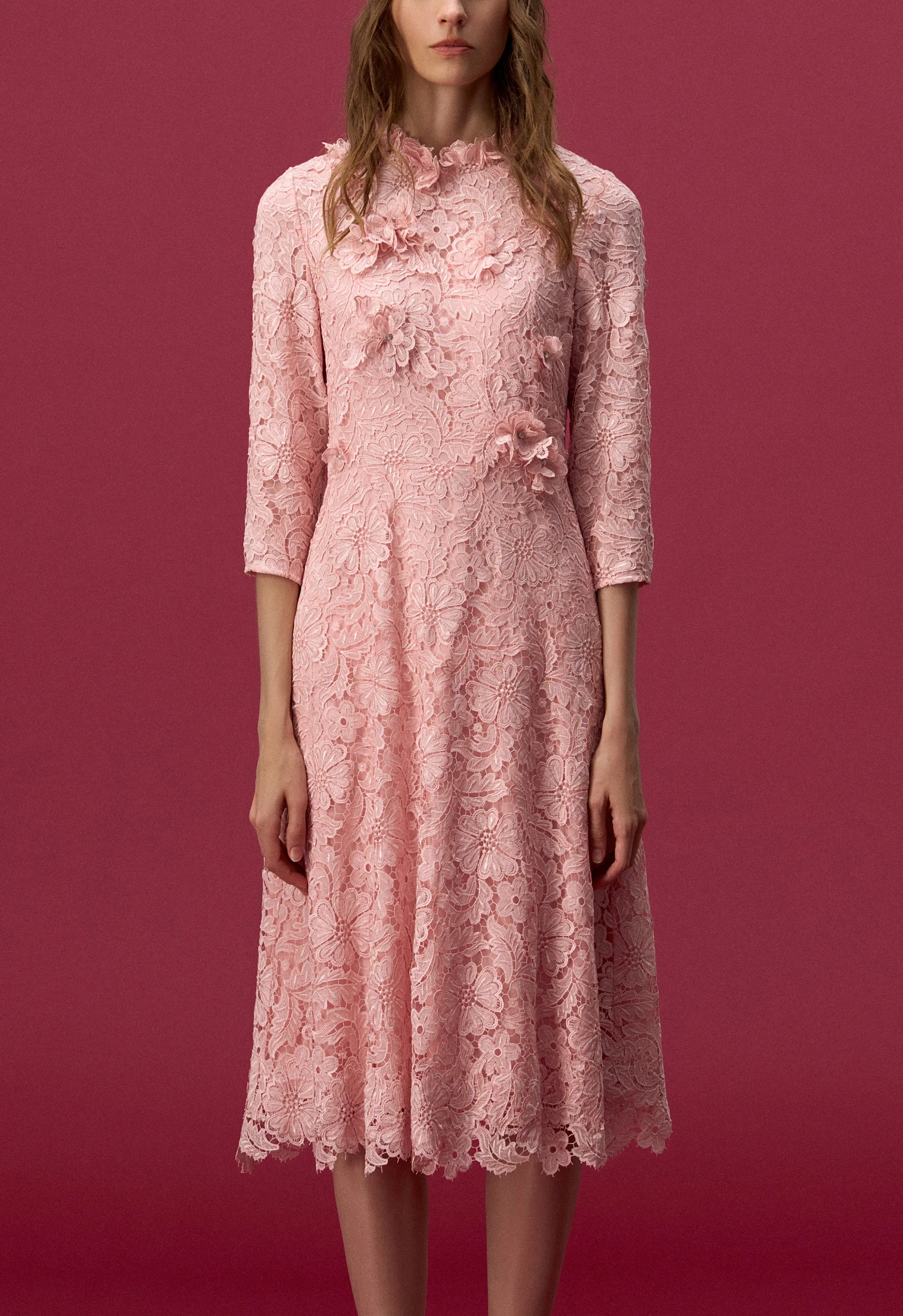 Pink Embellished Floral Lace Evening Dress