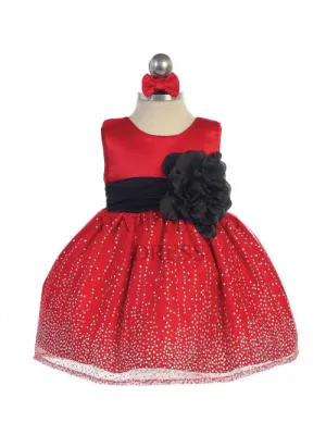 Red Sleeveless Satin Bodice Infant Girl Dress with Sparkle Tulle Skirt