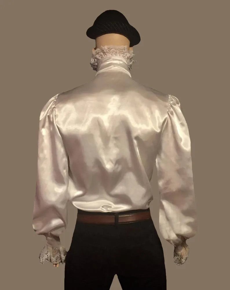 Ruffle-Trimmed Men's Satin Shirt With Lace Details Club Style Collar