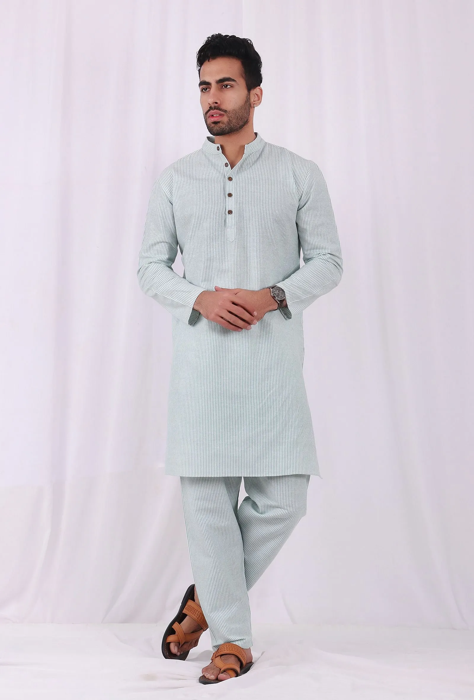 Set of 2: Green Striped Cotton Kurta and Pajama