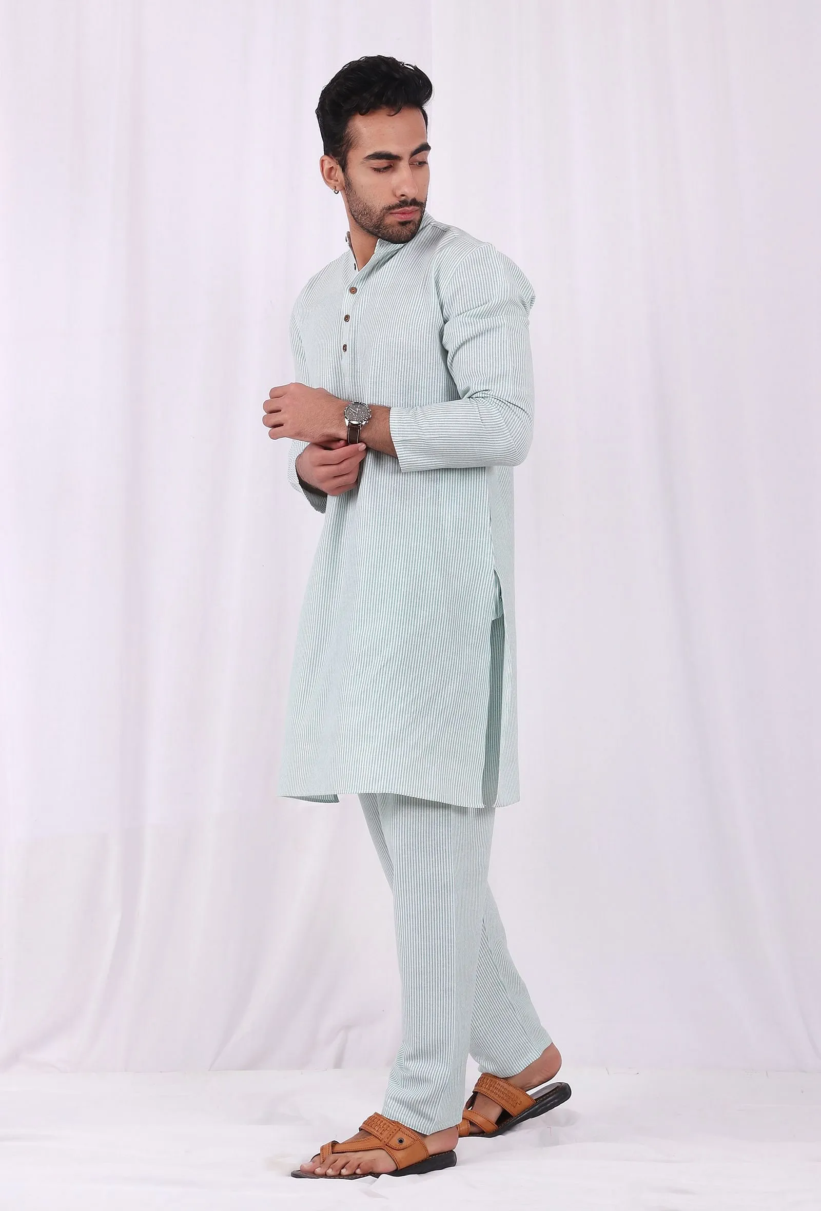 Set of 2: Green Striped Cotton Kurta and Pajama