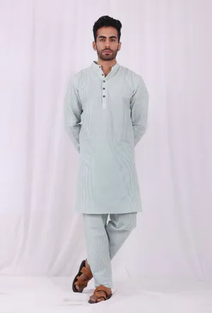 Set of 2: Green Striped Cotton Kurta and Pajama