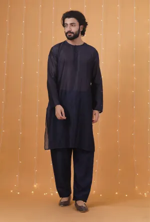 Set Of 2: Space Blue Chanderi Kurta & Pajama