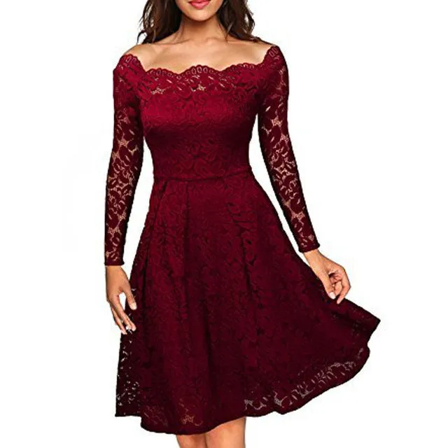 Softu Sexy Lace Dress Hollow Out Slash Neck Party Dress Off the Shoulder Black Dresses Long Sleeve High Waisted Summer Vestido