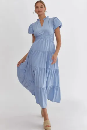 V Neck Bubble Sleeve Tiered Dress - Chambray