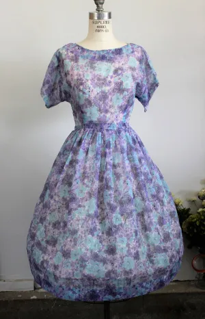 Vintage 1950s Blue and Purple Floral Print New Look Dress, Sheer Nylon