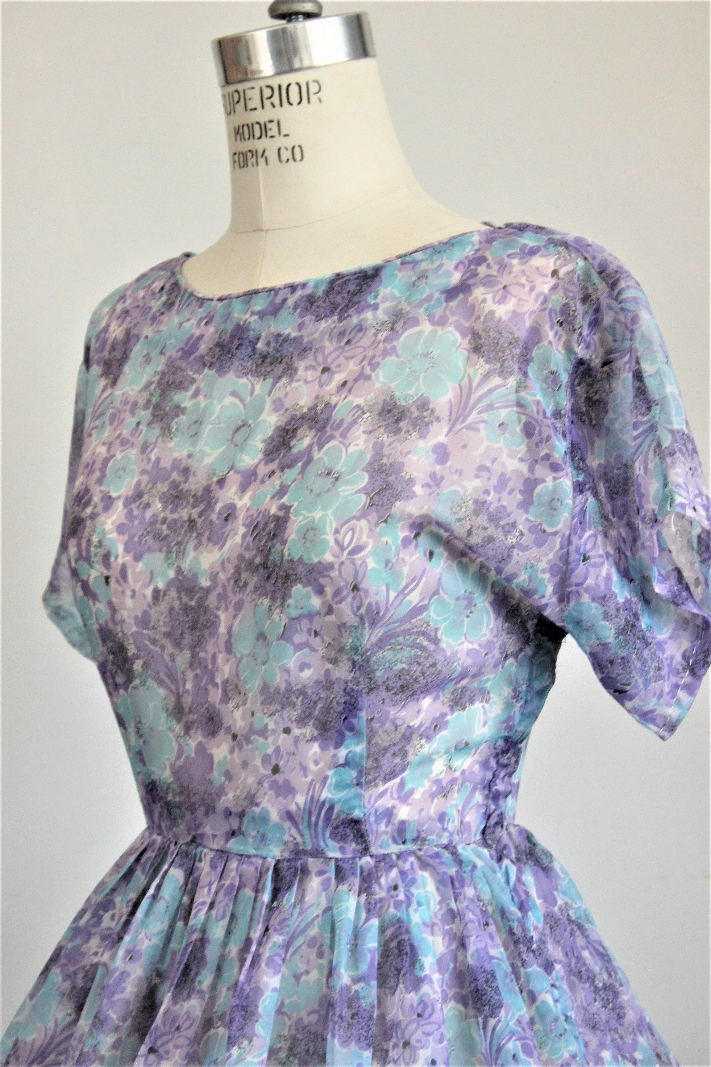 Vintage 1950s Blue and Purple Floral Print New Look Dress, Sheer Nylon