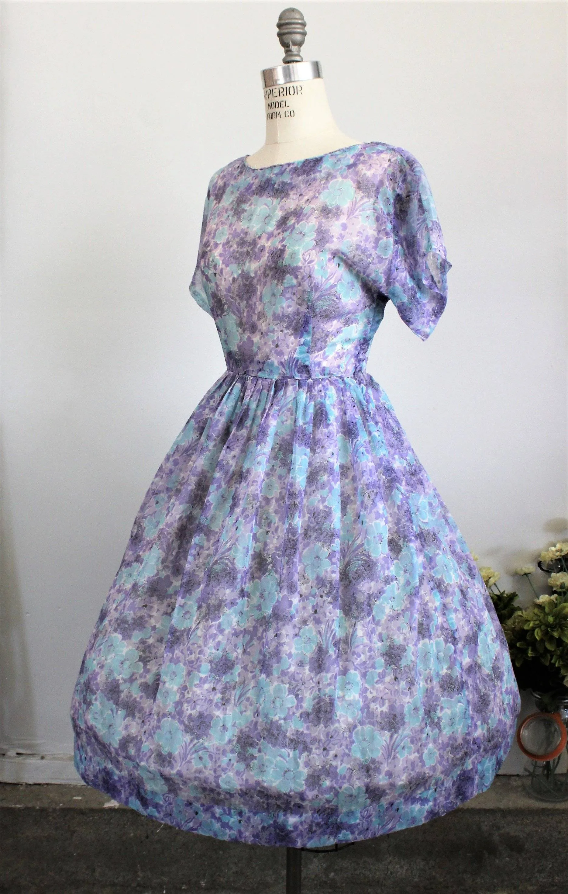 Vintage 1950s Blue and Purple Floral Print New Look Dress, Sheer Nylon