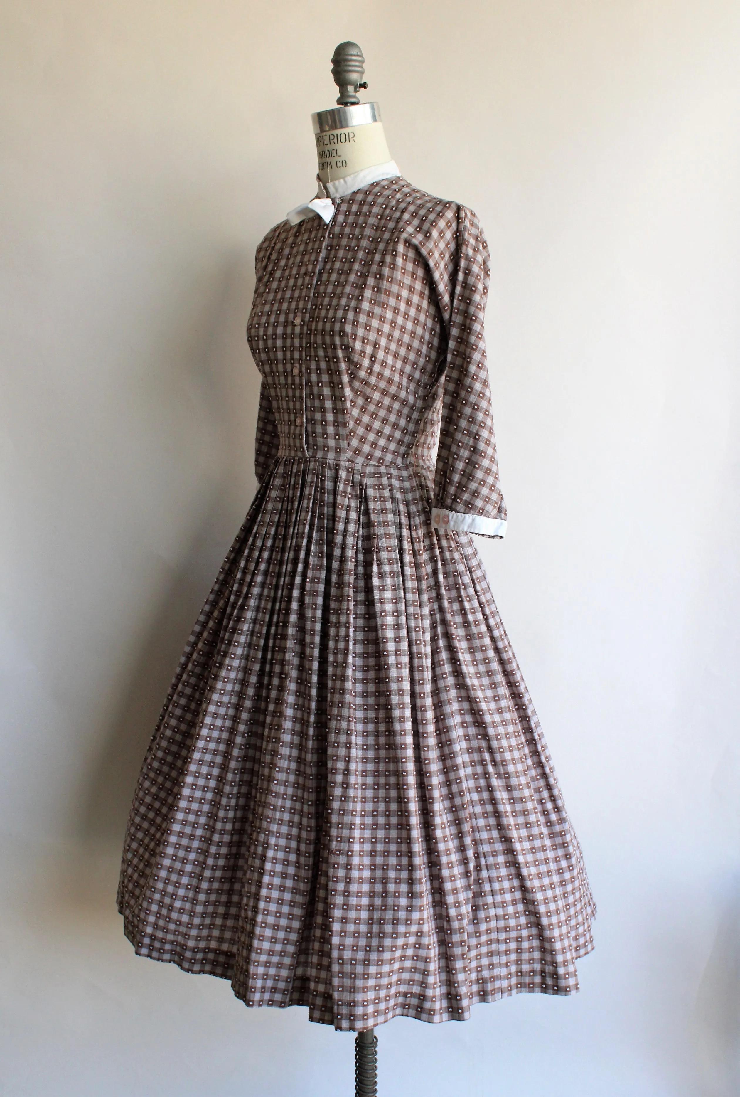 Vintage 1950s Brown Check Fit and Flare Dress by Dress Town