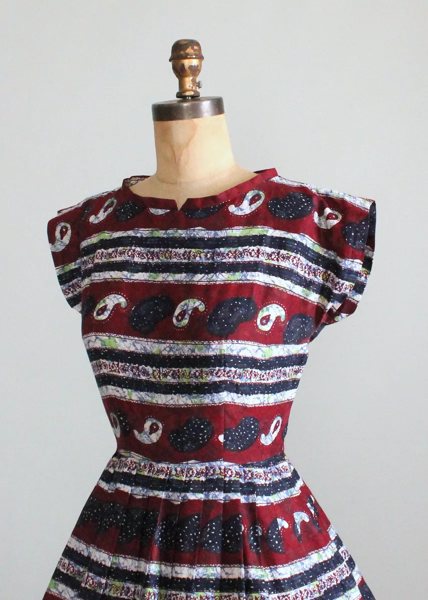 Vintage 1950s Paisley Batik Style Cotton Day Dress