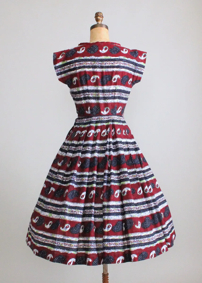 Vintage 1950s Paisley Batik Style Cotton Day Dress