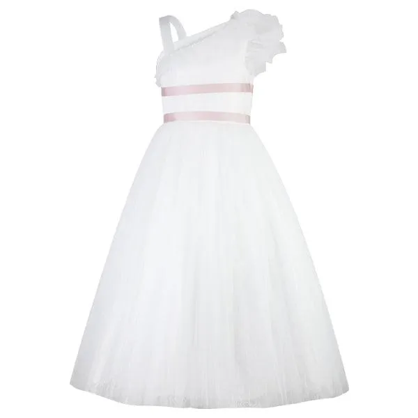 WHITE DRAPED ONE SHOULDER BALL GOWN