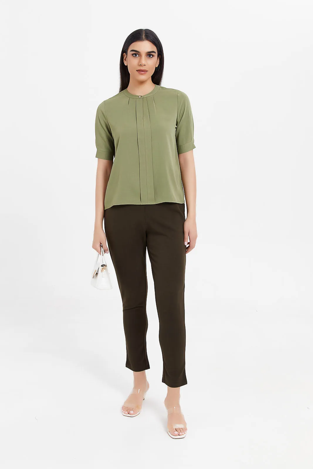 Women Olive Pleated Blouse