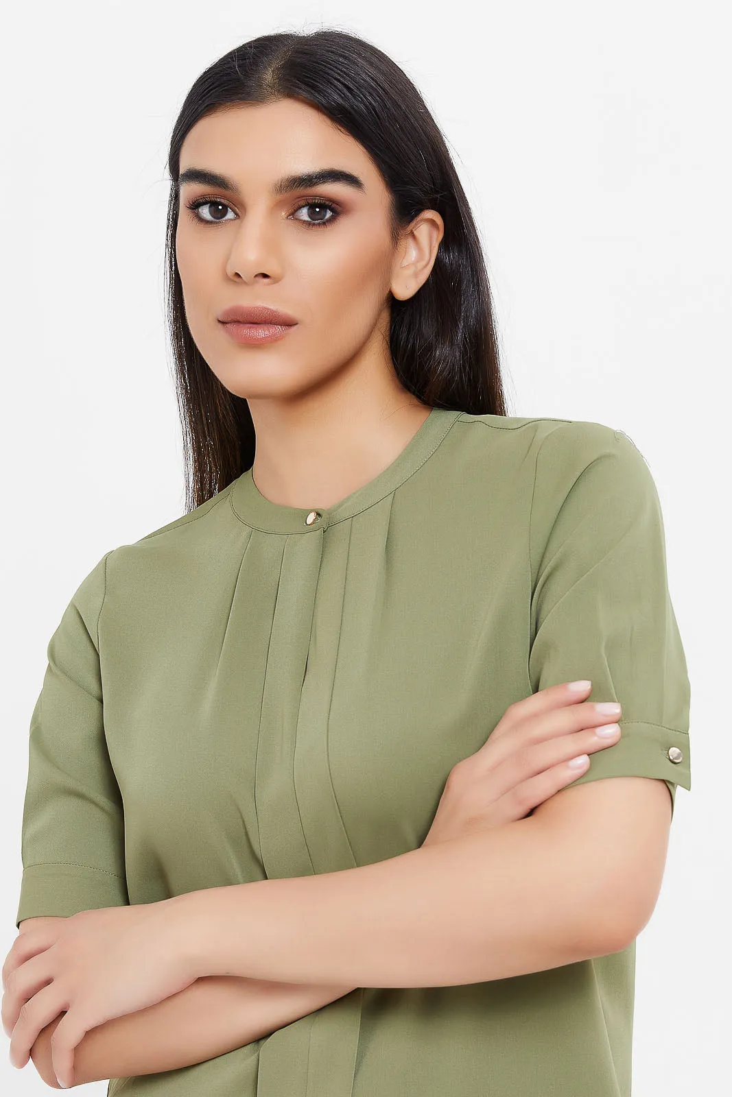 Women Olive Pleated Blouse