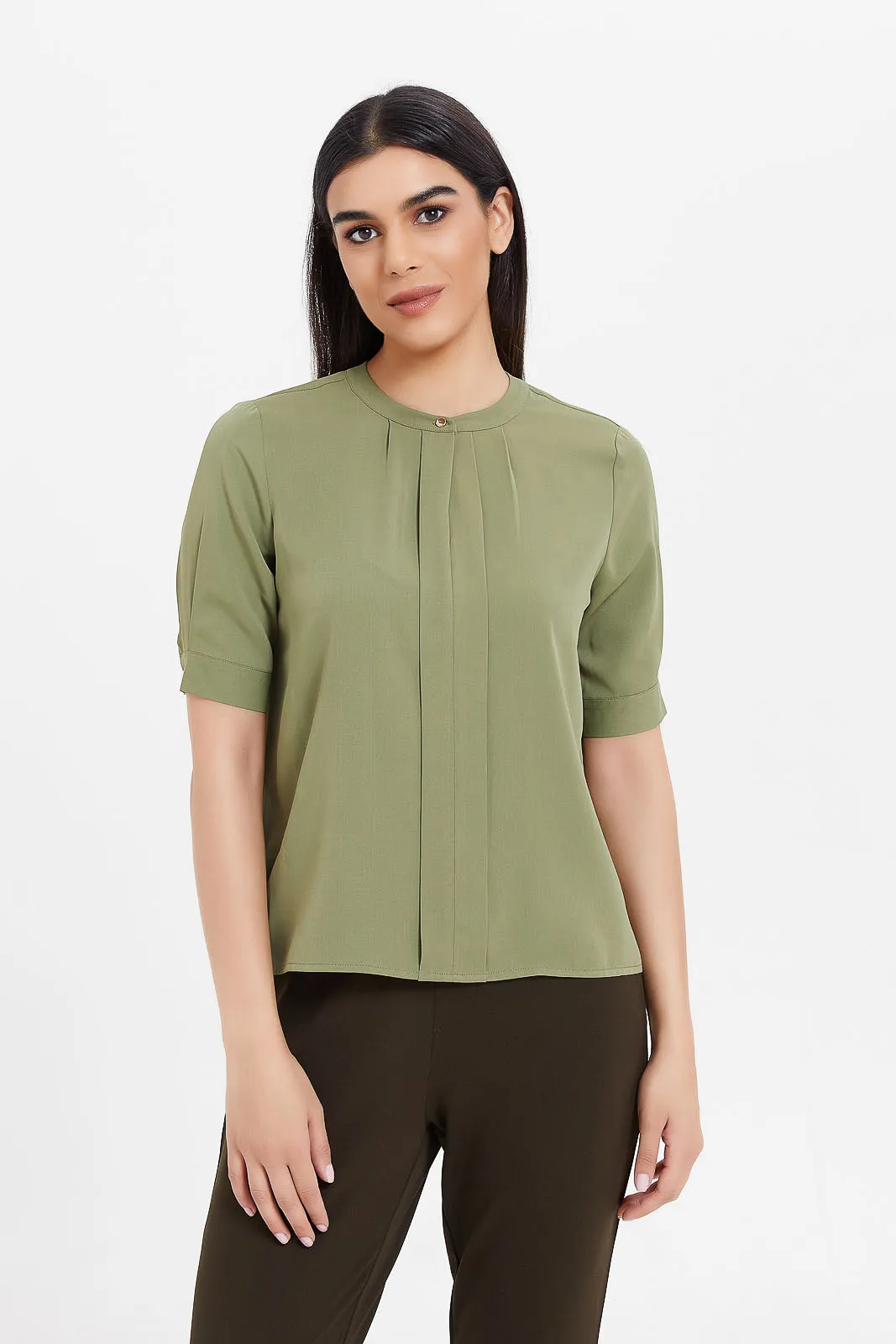 Women Olive Pleated Blouse